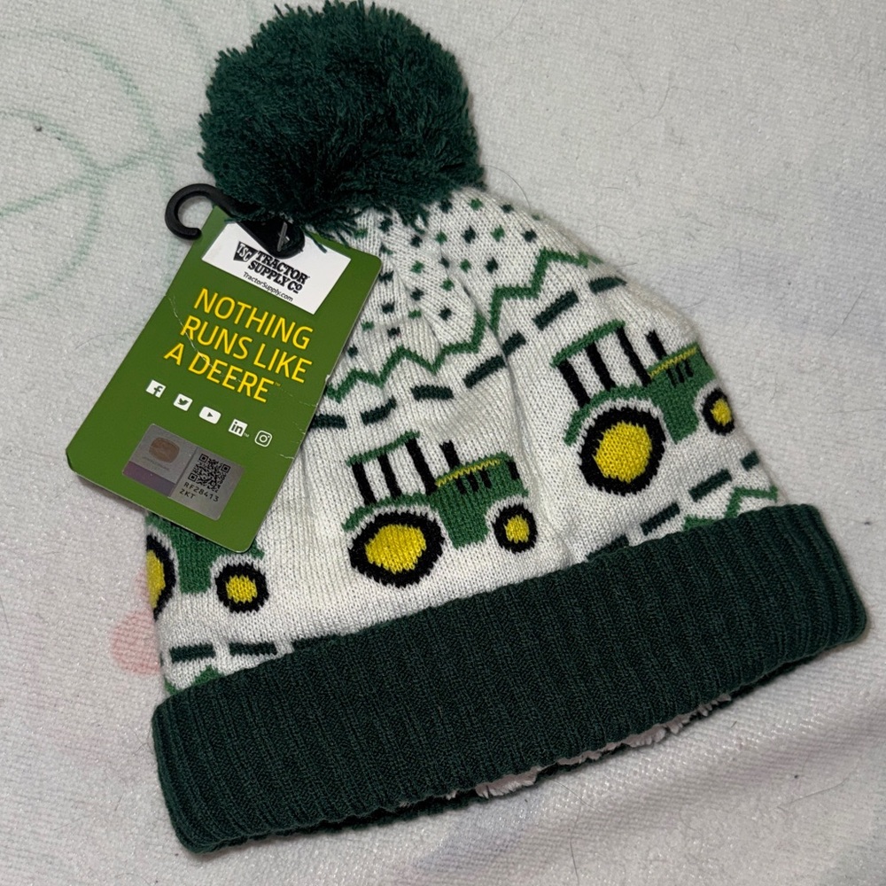 John Deere Green and White Kids Pom-Pom Hat
